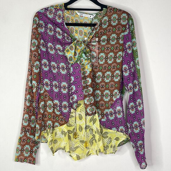 New Zara Boho Whimsy Goth Scarf Y2K Semi Sheer Jeweled Blouse Women's Size Small - Picture 7 of 7